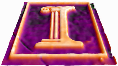 This is a false color 3-D image that represents the height profile of the University of Illinois logo etched onto the surface of a gallium-arsenide semiconductor substrate. The image was captured in situ during wet etching using epi-illumination diffraction phase microscopy (epi-DPM) with a laser source. A 5x objective was used and provided a 320 micron by 240 micron field of view. The total etch depth, i.e. the height difference between the orange and purple regions, was approximately 250 nanometers after the 45 second etch. The diagonal line in the lower left corner may be a scratch in the sample.  Credit: Chris Edwards, Amir Arbabi, Gabriel Popescu, and Lynford Goddard, Department of Electrical and Computer Engineering, University of Illinois at Urbana-Champaign