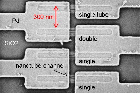 IBM SEM image of carbon nanotube field-effect transistor (CNTFET) arrays with a pitch of 300 nm. Source and drain contacts for the devices in the array are connected by metal leads and pads for electrical testing in a semi-automated probe station. (Photo credit: IBM)