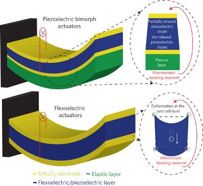 Schematic comparing flexoelectric actuation and piezoelectric bimorph actuation in nanoscale actuators.