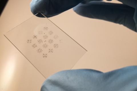 MIT researchers have fabricated a stamp made from forests of carbon nanotubes that is able to print electronic inks onto rigid and flexible surfaces.  Photo: Sanha Kim and Dhanushkodi Mariappan